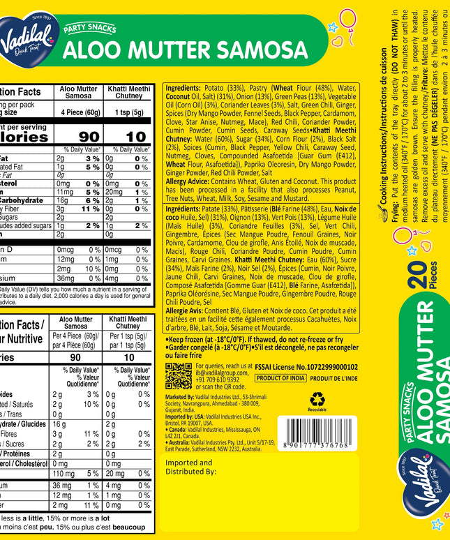 Vadilal Frozen Aloo Mutter Samosa 50pcs