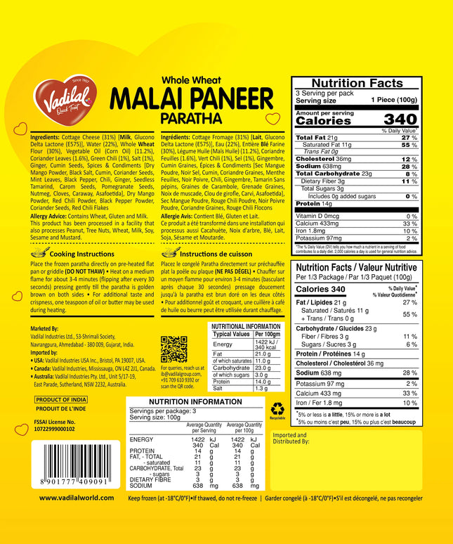 Vadilal Malai Paneer Paratha 3pcs