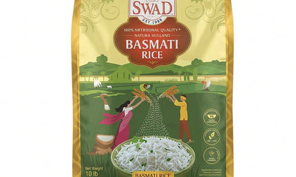 A bag of Swad Basmati Rice on a plain white background. The packaging features a yellow border, a green field illustration with two people planting, and a red central label with white text.