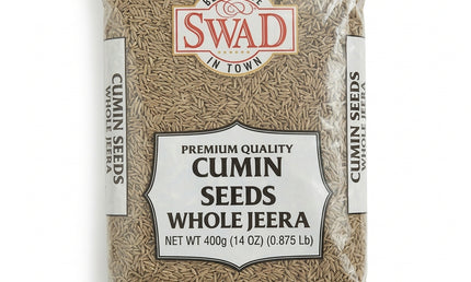A package of Swad Cumin Seeds Whole Jeera, shown against a plain white background. The packaging is a clear plastic bag showing the light brown cumin seeds inside, with a white and red label on the front.