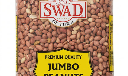 A bag of Swad brand Jumbo Peanuts, showing the brown peanuts visible through a clear plastic bag with a yellow and white label.